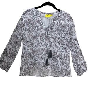 Roller Rabbit Light Pink Floral 100% Cotton Tie Neck Long Sleeve Blouse size XS